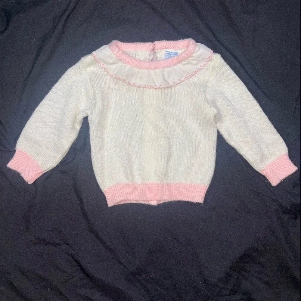 Newknit Baby Girl Cardigan Sweater White Pink Ruffle Collar Buttons 3-6M vintage